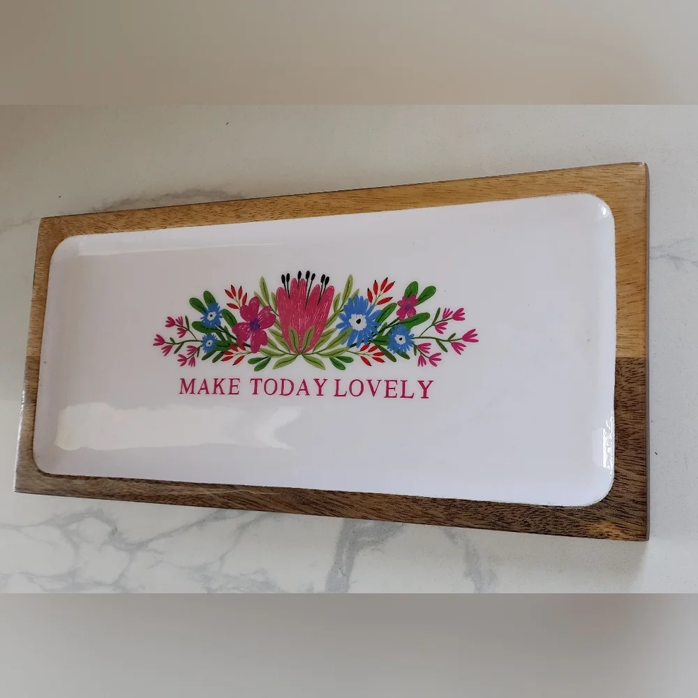 Mango‎ Wood Floral Vanity Tray Platter Catch-all Make Today Lovely New